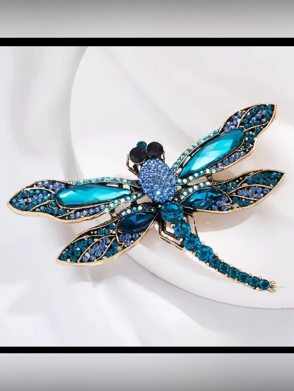 Large Blue Dragonfly Brooch - Rhinestone and Crystal and Gold Tones (ABBA) - Picture 1 of 16